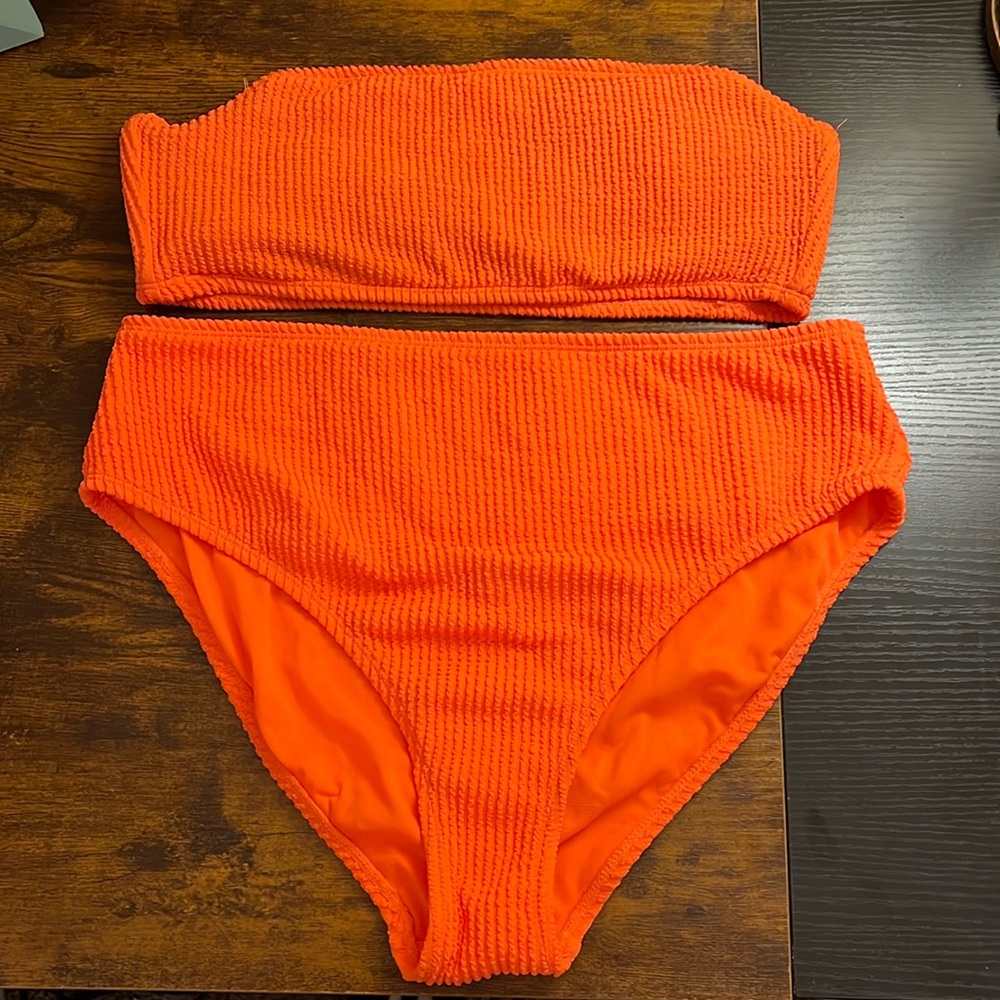 Neon Orange Ribbed Strapless bikini Size Large & XL